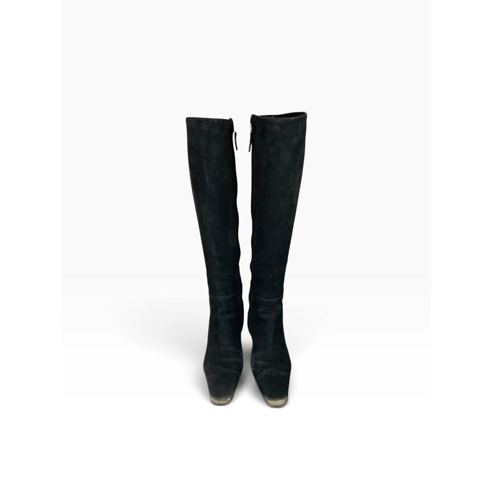 Chanel CC Tall Suede Riding Boots Black Knee High Almond Toe Heels EU 35 2001 - Picture 4 of 10